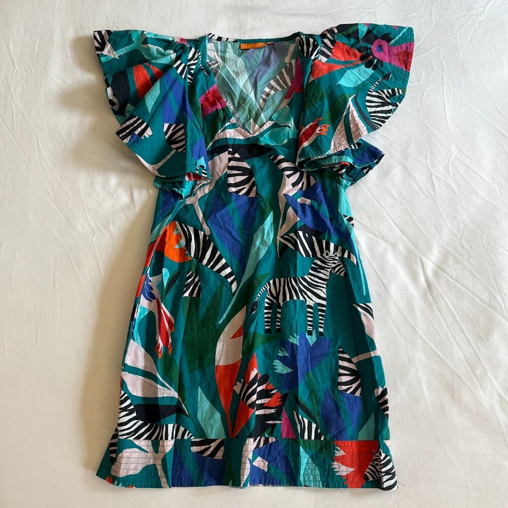 Oliphant Flirty V neck mini dress in green tropical print XS